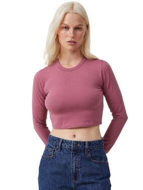 Cotton on Top Women's Soft Berry Long Sleeve Crew Neck Cropped Large